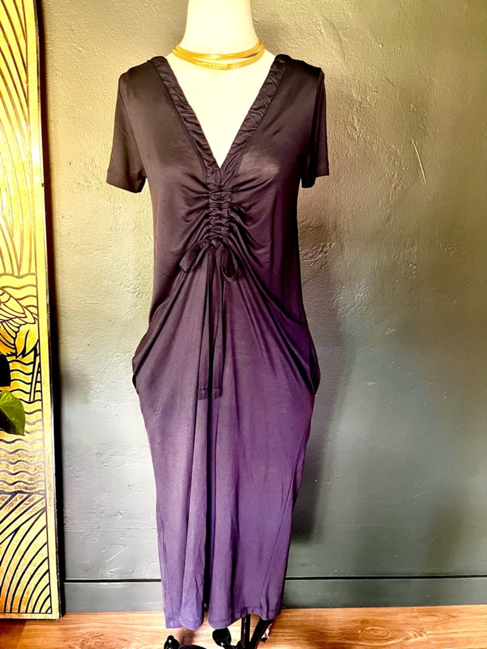 COS Dark Navy V-Neck Ruched Midi Dress with pockets, Sz. XS